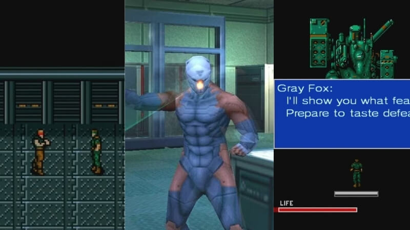 Montagem com três cenas de Gray Fox nos jogos Metal Gear (MSX), Metal Gear 2 e Metal Gear Solid.