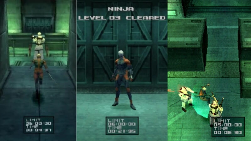 Gameplay de Gray Fox como personagem jogável em Metal Gear Solid VR Missions.