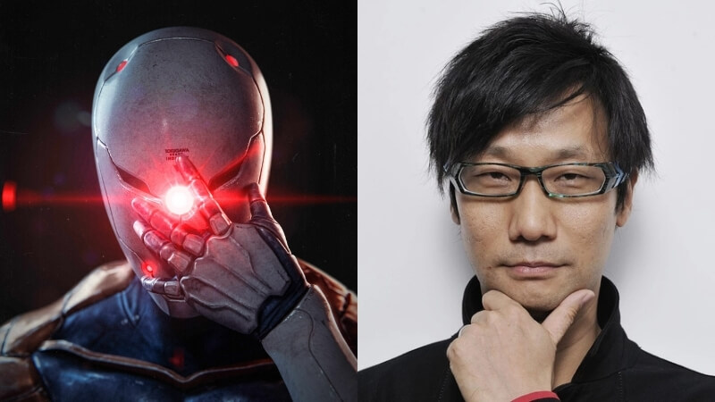 Foto do criador Hideo Kojima ao lado de uma imagem do Gray Fox.