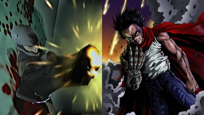 Lado a lado: Gray Fox usando braço laser e Tetsuo Shima do anime Akira.